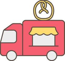 zoute krakeling snel voedsel vrachtauto icoon in rood en geel kleur. vector