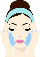 blauw haar- band slijtage vrouw het wassen of schoonmaak haar gezicht vlak icoon. vector