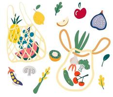 netto zak met voedsel set van trendy eco shopper met fruit groenten herbruikbare textiel boodschappentassen lokale markt concept nul afval plastic gratis eco leven vector cartoon vlakke afbeelding