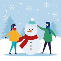 vrolijk kerstfeest vrouw en man met sneeuwpop vector ontwerp