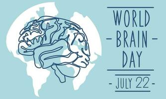 ansichtkaart voor wereld hersenen dag, vector illustratie met een schattig hersenen in tekenfilm stijl Aan de achtergrond van de aarde. juli 22 en de helder blauw schets van de menselijk brein. geneesmiddel, menselijk Gezondheid
