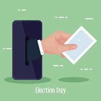 verkiezingsdag smartphone met hand met stem papier vector ontwerp