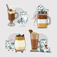 verzameling van schattig katten met bevroren koffie vector illustratie pro downloaden