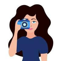 meisje fotograaf houdt een camera en duurt een afbeelding. wereld fotografie dag. vector vlak illustratie.