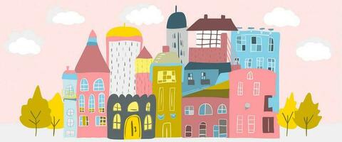 schattig Scandinavisch stad- illustratie vlak tekenfilm vector. klein huizen en knus straat vector