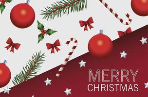 gelukkige merry christmas belettering kaart met sparrenblaadjes en ballen vector