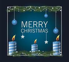 gelukkige merry christmas belettering kaart met hangende ballen en kaarsen vector