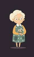 ouderen vrouw karakter Holding madeliefjes boeket Aan donker achtergrond. vector