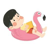 kind jongen Aan flamingo vlotter vector