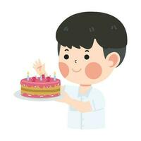 kind jongen Holding verjaardag taart vector