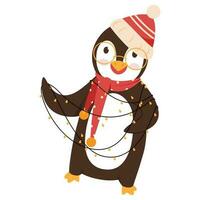 tekenfilm pinguïn slijtage de kerstman hoed met sjaal en verlichting guirlande. vector