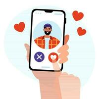 dating app concept. een menselijk hand- Holding een smartphone en kiezen of naar Leuk vinden of afkeer deze jongen. vlak vector illustratie.