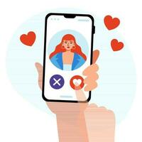 dating app concept. een menselijk hand- Holding een smartphone en kiezen of naar Leuk vinden of afkeer deze meisje. vlak vector illustratie.