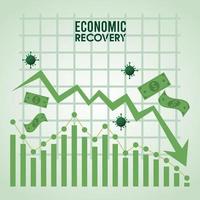 economisch herstel voor covid19 poster met rekeningen dollars en virusdeeltjes in grafische statistieken vector
