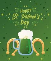 happy saint patricks day belettering met groen bier en hoefijzers vector