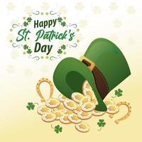 happy saint patricks day belettering met hoefijzers en munten in elf tophat vector