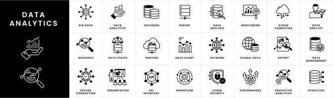 gegevens analytics pictogrammen. analytics symbolen, gegevens visualisatie pictogrammen, groot gegevens pictogrammen, bedrijf intelligentie- symbolen, statistisch analyse pictogrammen, gegevens dashboard symbolen, voorspellend analytics pictogrammen. vector