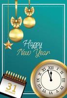 gelukkig nieuwjaarskaart met horloge en kalender vector