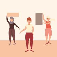 vrouwendag drie vrouwen met plakkaten feminisme activisten vector