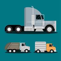 vrachtwagens aanhangwagen vuilnis en bezorgdienst transport zijaanzicht voertuigen vector