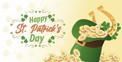 happy saint patricks day belettering met munten en hoefijzer in elf tophat vector