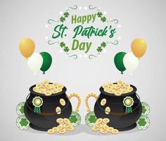 happy saint patricks day belettering met schatmunten in ketels en ballonnen helium vector