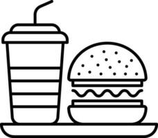 zacht drinken glas met hamburger Aan bord icoon in lijn kunst. vector