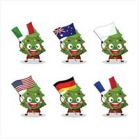 groen Kerstmis boom tekenfilm karakter brengen de vlaggen van divers landen vector