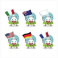 sneeuwbal met sneeuwman tekenfilm karakter brengen de vlaggen van divers landen vector