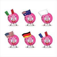Kerstmis bal roze tekenfilm karakter brengen de vlaggen van divers landen vector