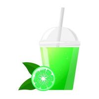 groen vers limoen sap in plastic glas. citrus sap in Doorzichtig plastic beker. vector illustratie voor ontwerp van vers Product, sap, ingeblikt voedsel, menu voor cafe