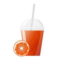 oranje vers sap in plastic glas. citrus sap in Doorzichtig plastic beker. vector illustratie voor ontwerp van vers Product, sap, ingeblikt voedsel, menu voor cafe