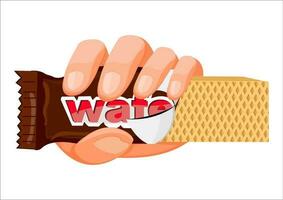 vector illustratie van een hand- Holding een chocola wafel wikkel met de wikkel geschild uit