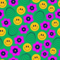 jaren 70 retro groovy psychedelisch futuristische naadloos patroon. hippie glimlachen gezichten, bloemen, abstract lineair vormen. achtergrond, digitaal papier. y2k. nostalgie concept. vector