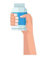 hand met fles drugs plastic geïsoleerde pictogram vector