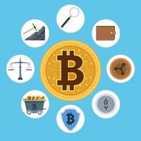 bitcoin en cybergeldtechnologiepictogrammen rond vector