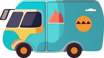 turkoois en oranje mini bus met berg symbool of icoon. vector