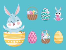 konijn in ei geschilderd met bundel van zes happy easter set pictogrammen vector