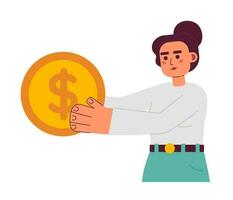 ondernemer vrouw met munt semi vlak kleurrijk vector karakter. bewerkbare voor de helft lichaam zakenvrouw investeren geld Aan wit. gemakkelijk tekenfilm plek illustratie voor web grafisch ontwerp