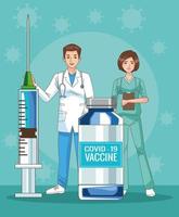 artsen koppelen karakters aan covid19-vaccinflesje en spuit vector