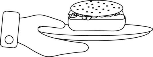 zwart lijn kunst hand- Holding bord in hamburger. vector