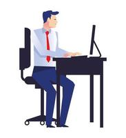 elegante zakenmanarbeider die desktop in het karakter van de werkplek gebruikt vector