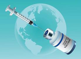 covid19-virusvaccininjectie en injectieflacon in de planeet aarde vector