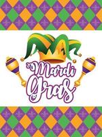 mardi gras carnaval belettering met narrenhoed en maracas vector