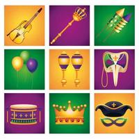 bundel van negen mardi gras carnaval feest set pictogrammen vector