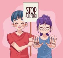 jonge tieners koppelen met stop pesten belettering in protestbanner vector