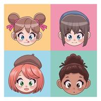 groep van vier mooie interraciale anime hoofdkarakters van tienersmeisjes vector