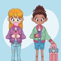mooie interraciale tienermeisjes koppelen anime-personages vector