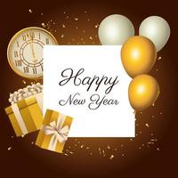 gelukkig nieuwjaar gouden horloge en belettering met ballonnen helium vector