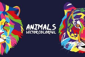 leeuw en tijger wild leven technicolor op blauwe kleur achtergrond vector